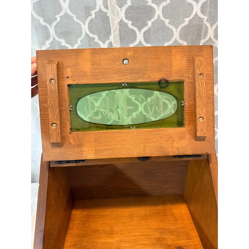 Vintage Wooden Bread Box Farmhouse, Cottagecore, Etched Glass - Nearly Perfect!